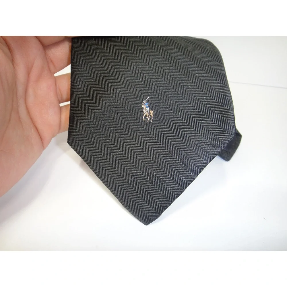 Polo Ralph Lauren Black Herringbone Silk Tie NWT Made in USA Pony Logo